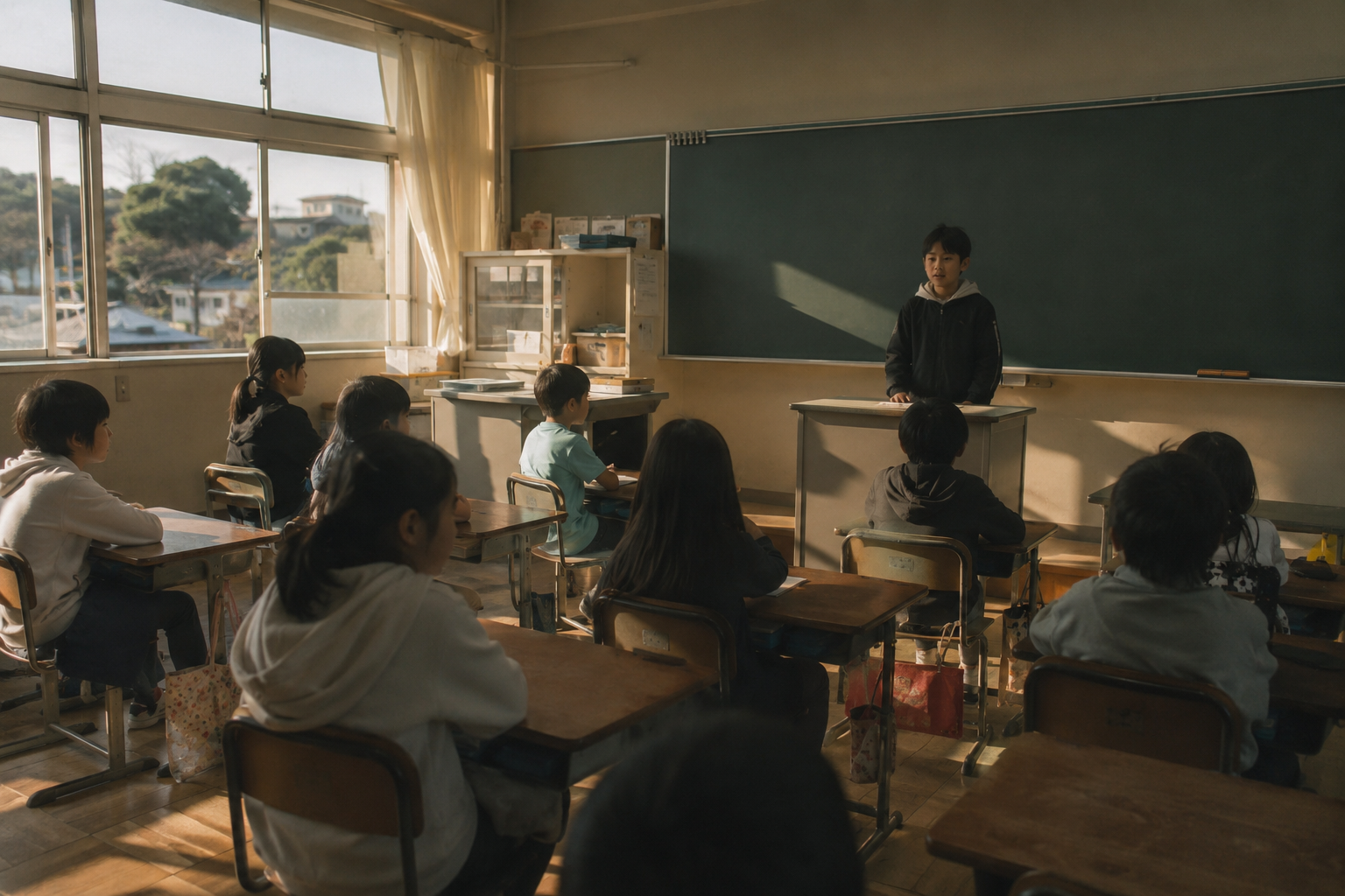 帰りの会 ネタ 放課後の教室で帰りの会をしている小学生たち
