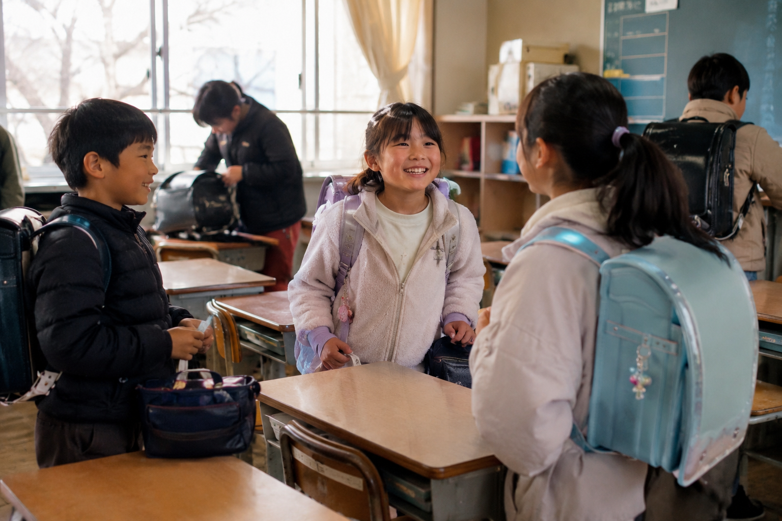 帰りの会 ネタ ランドセルを背負い笑顔で話す小学生たち