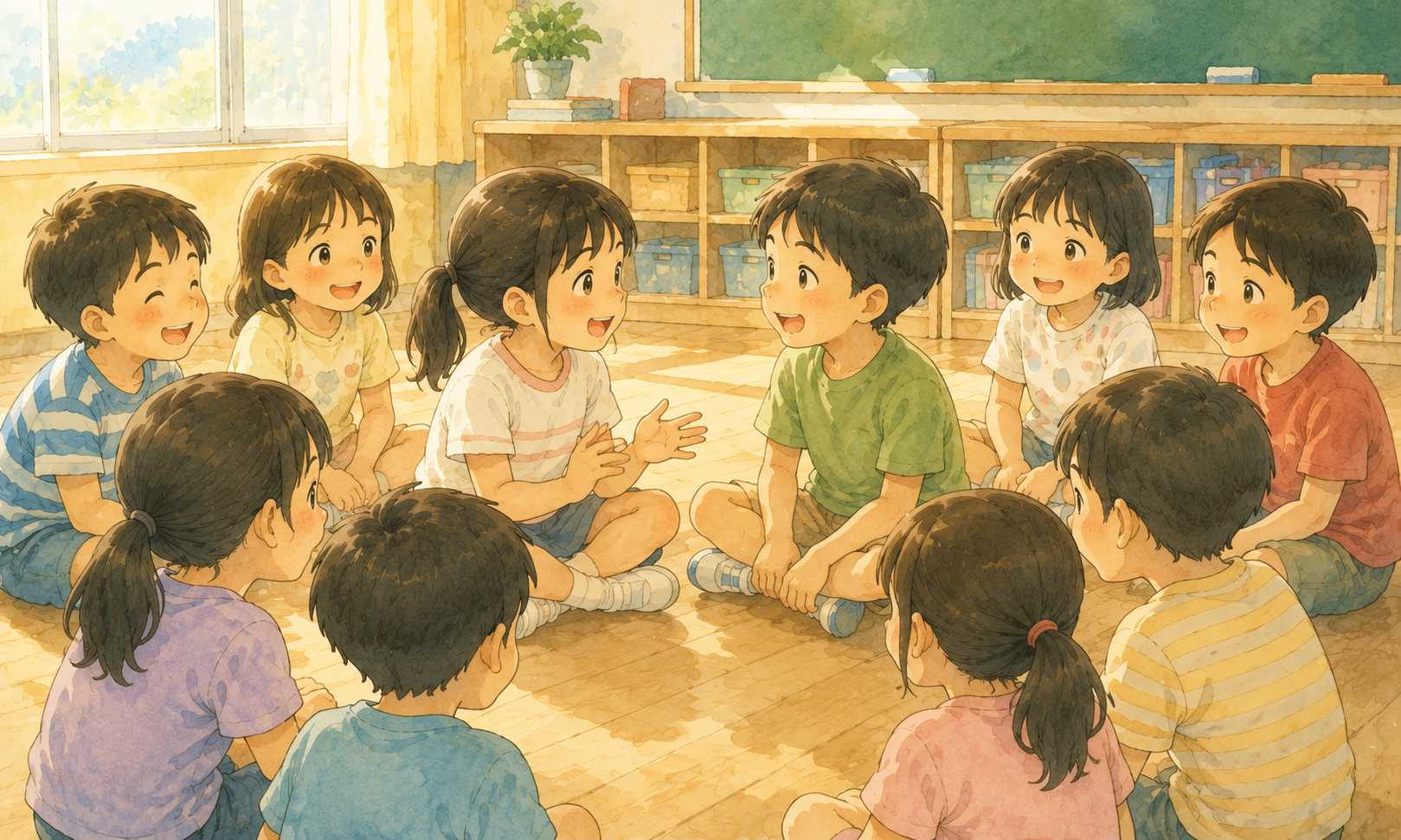学級レク 円になって話し合う子どもたち