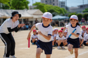 運動会 目的 リレー競走を全力で走る子どもたちと応援する担任の先生