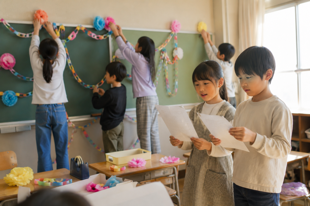 お楽しみ会 ネタ 教室で飾り付けと司会の練習をする子どもたち
