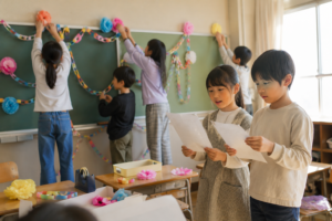 お楽しみ会 ネタ 教室で飾り付けと司会の練習をする子どもたち