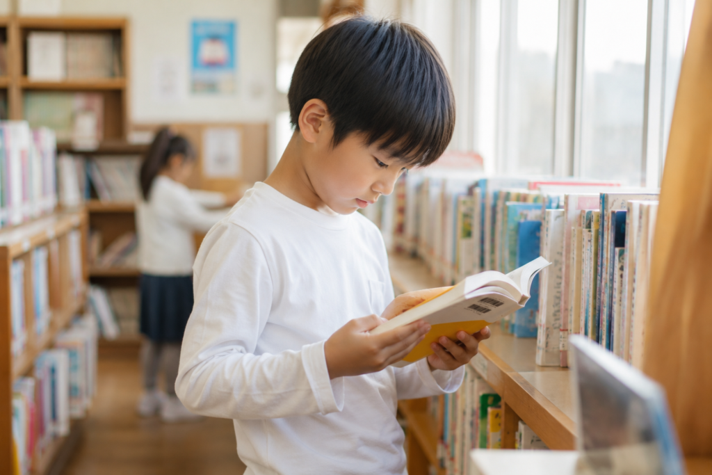 読書感想文 指導 図書室で本を読む小学生