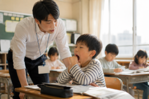 生活リズム 2学期リセット 眠そうな男の子に声をかける先生