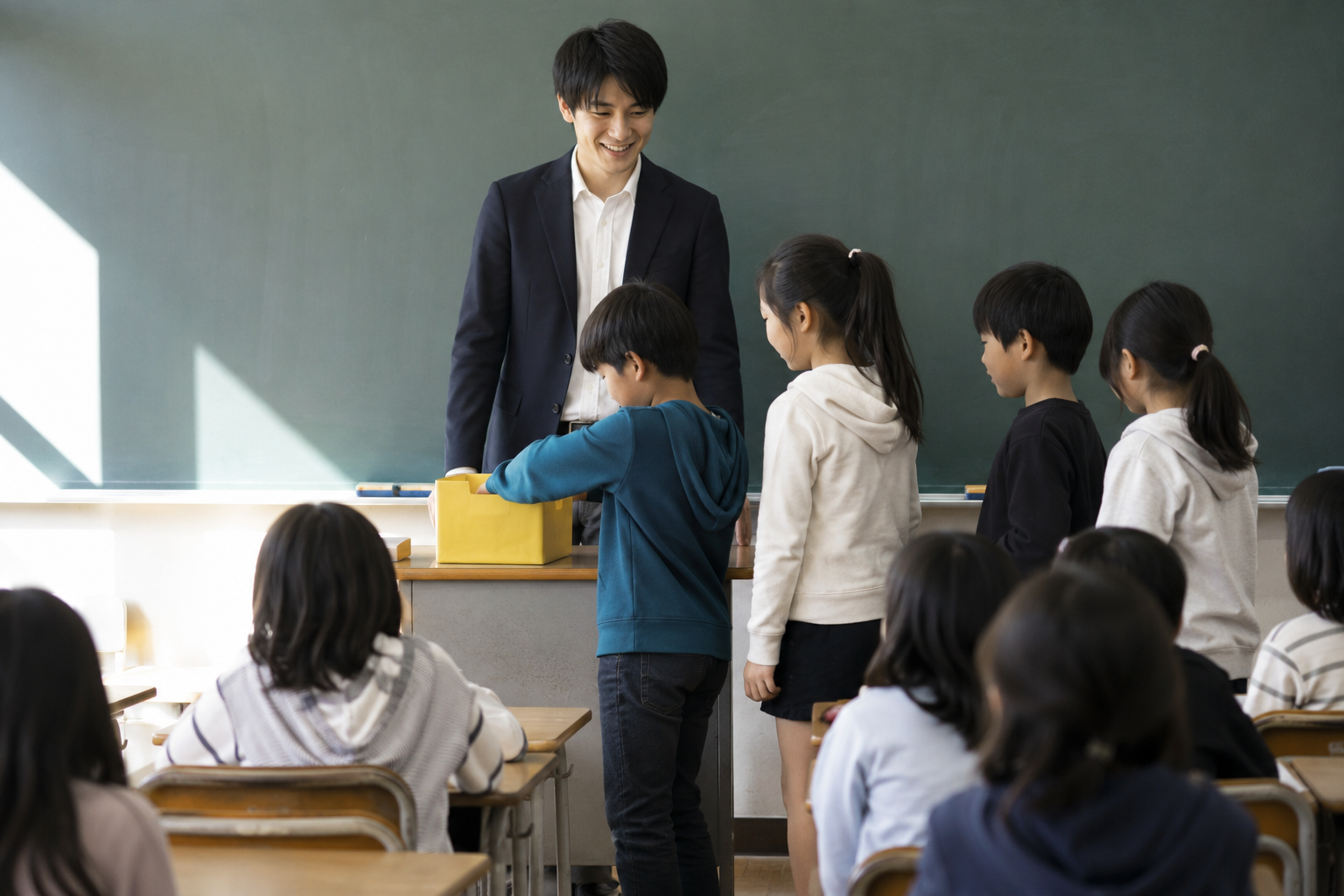 席替え 決め方 くじを持って席替えをする小学校の教室の子どもたち