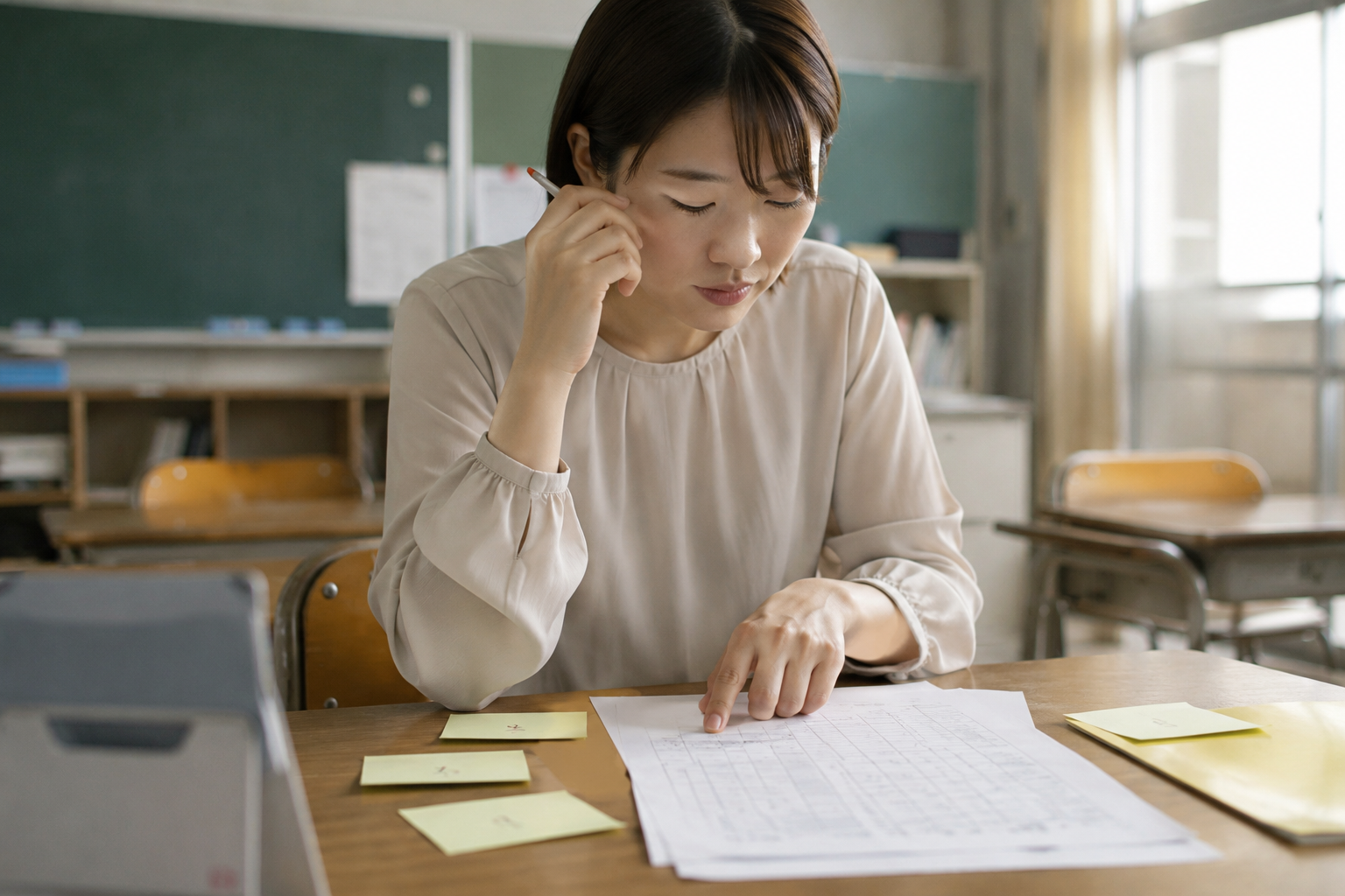 席替え 決め方 座席表を見直す放課後の教室の教師