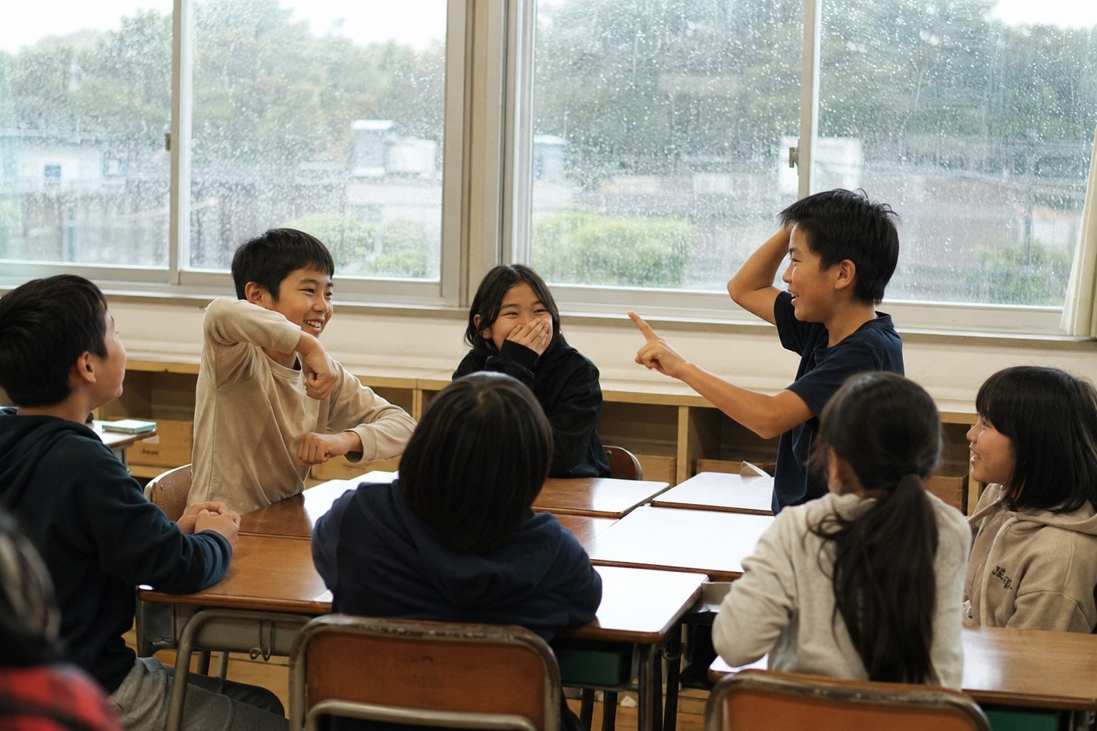 雨の日 室内遊び 小学校 教室で椅子に座ってゲームをする子どもたち