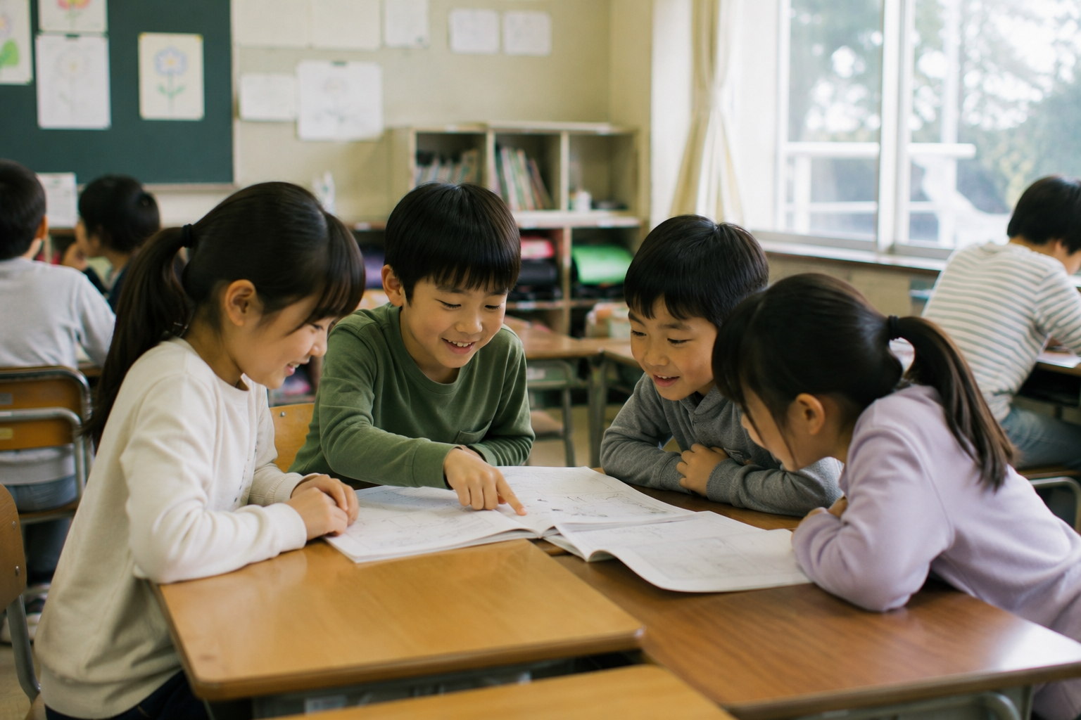 遠足のしおり 作り方 遠足のしおりを見る子どもたち