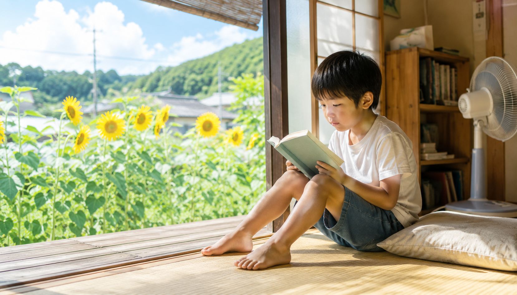 読書感想文 指導 縁側で本を読む子ども