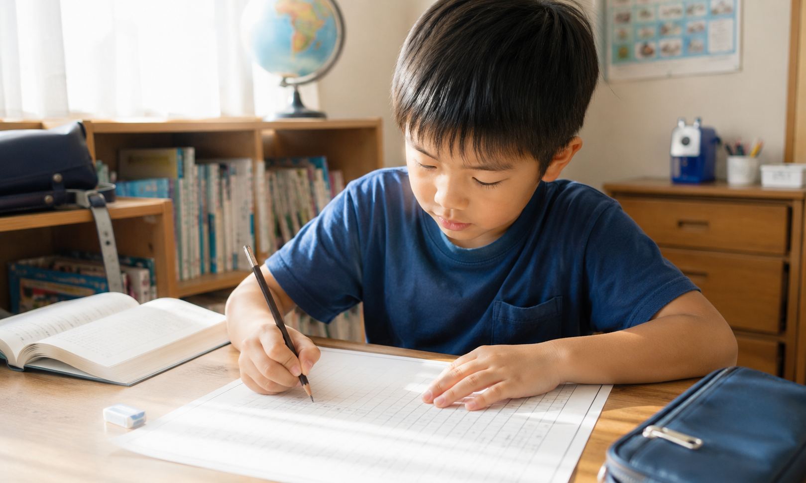 読書感想文 指導 原稿用紙に向かって書く子ども