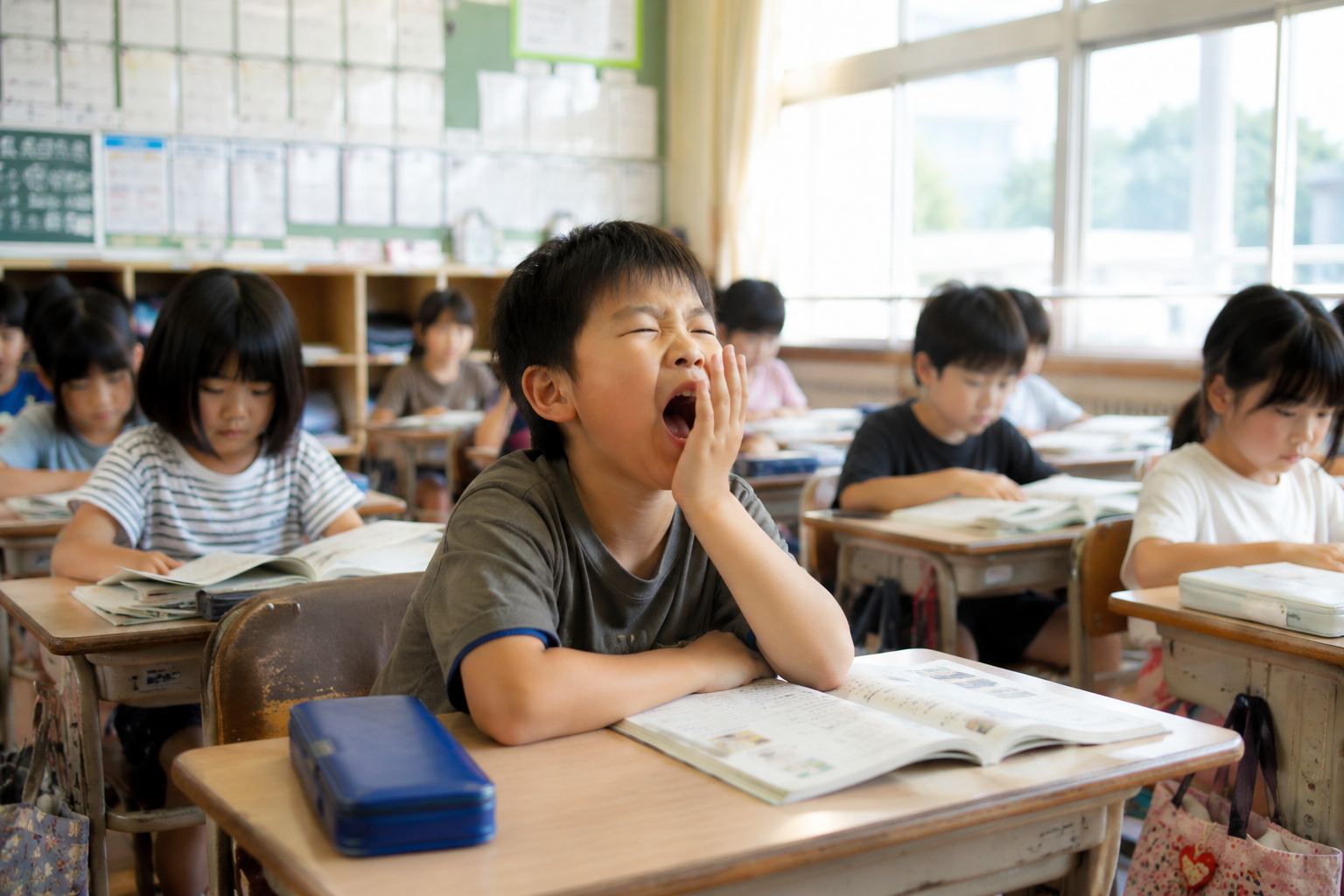 生活リズム 2学期リセット 教室であくびをする児童