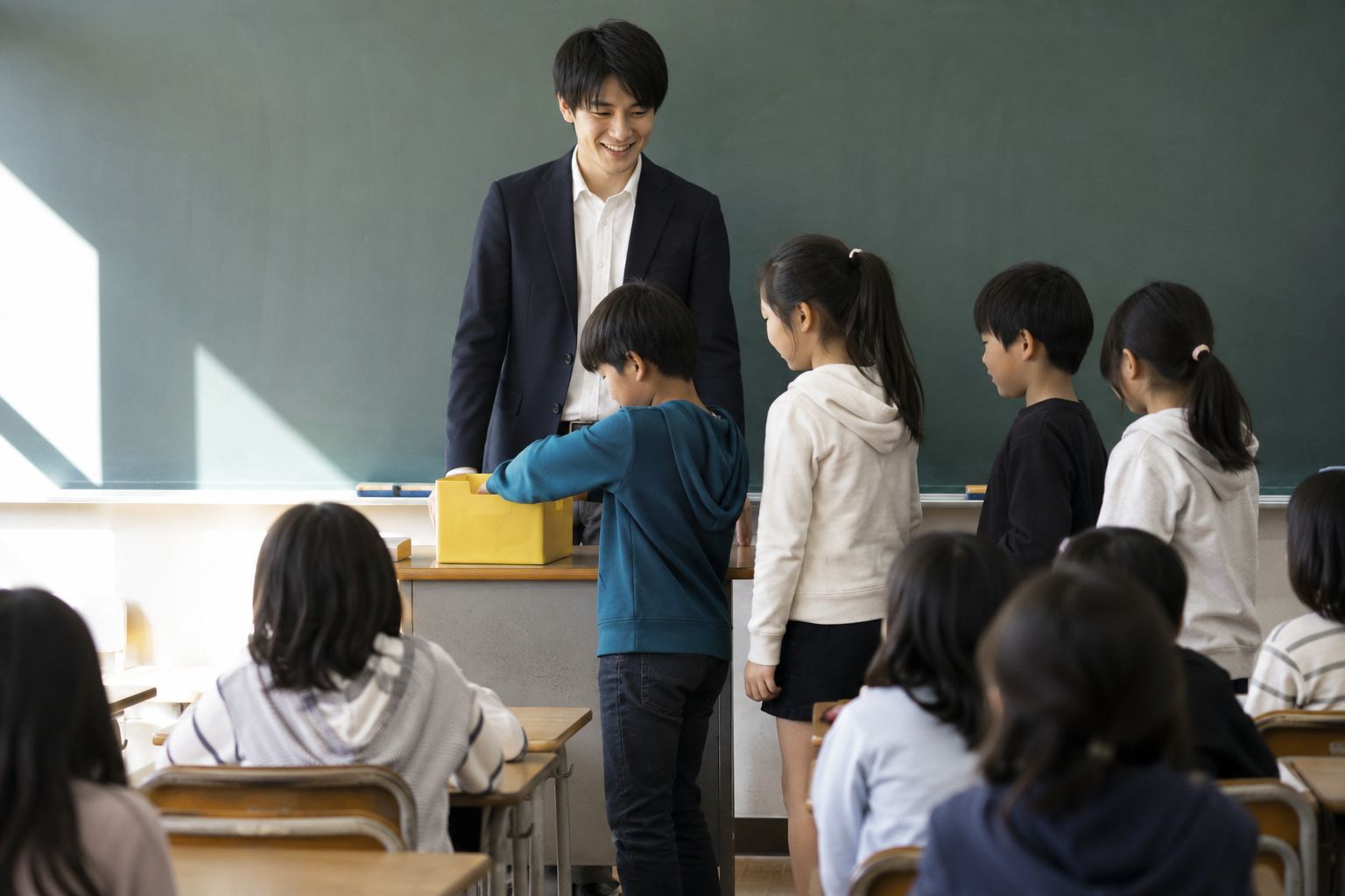 席替え 決め方 くじを持って席替えをする小学校の教室の子どもたち