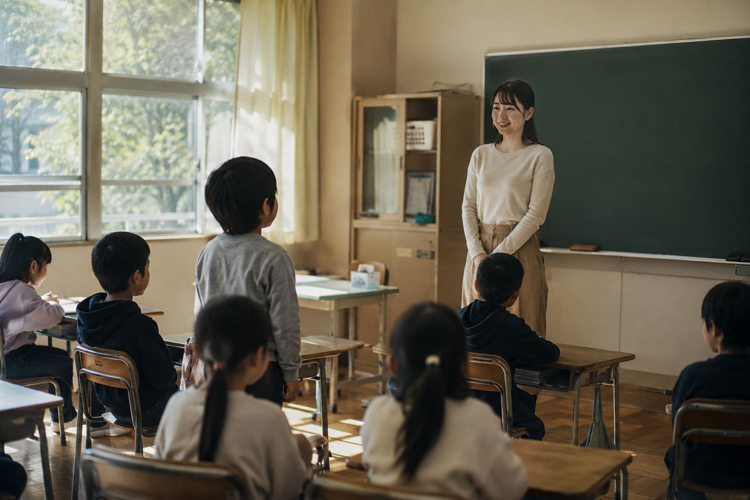 朝の会 ネタ 朝の教室で朝の会をしている小学生たち