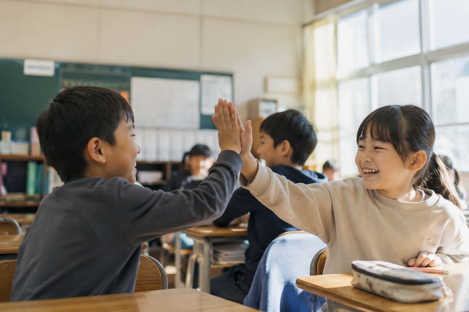 朝の会 ネタ 教室でハイタッチをしている子どもたち