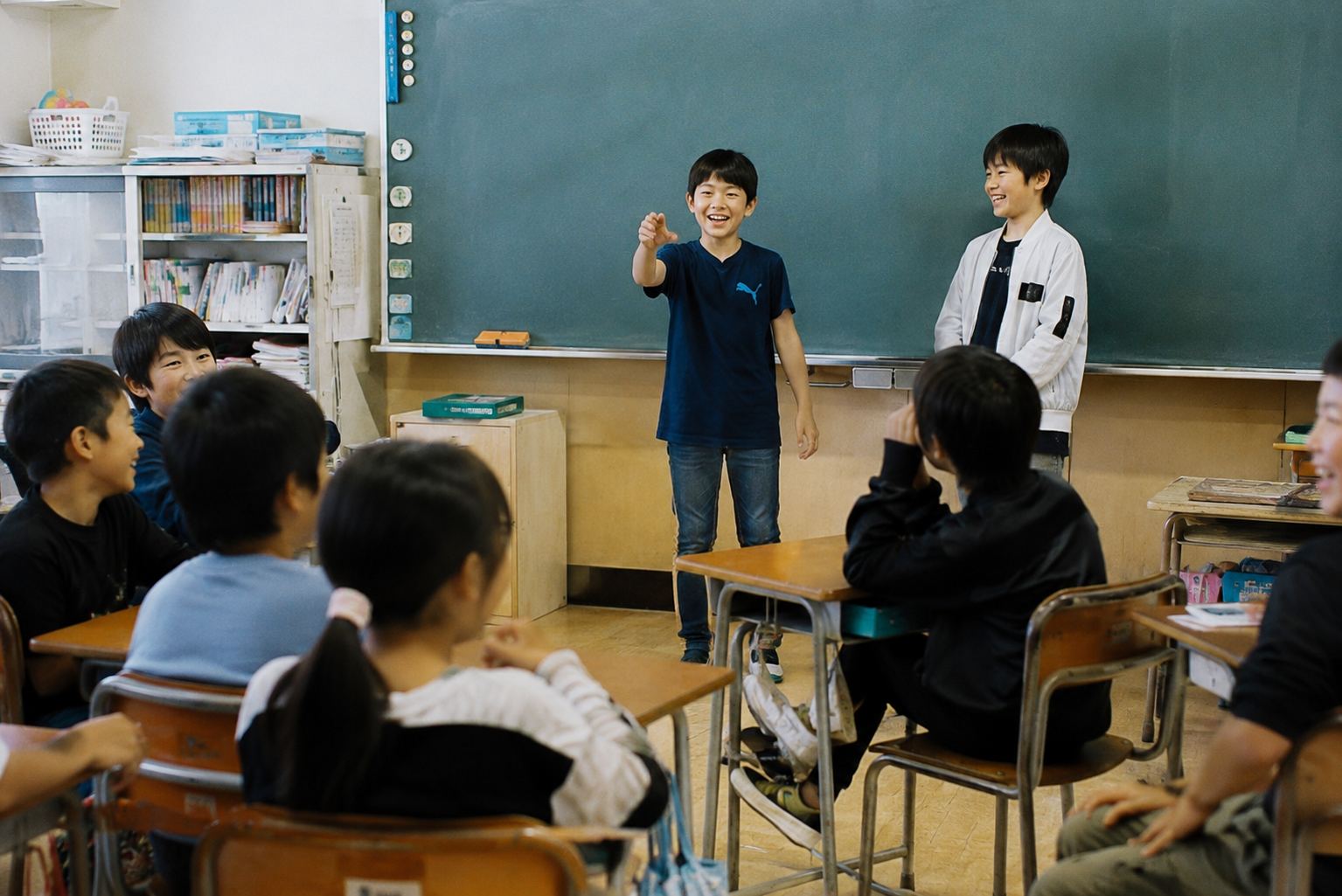 係活動 アイデア 小学校 レク係の発表を見る小学生たち