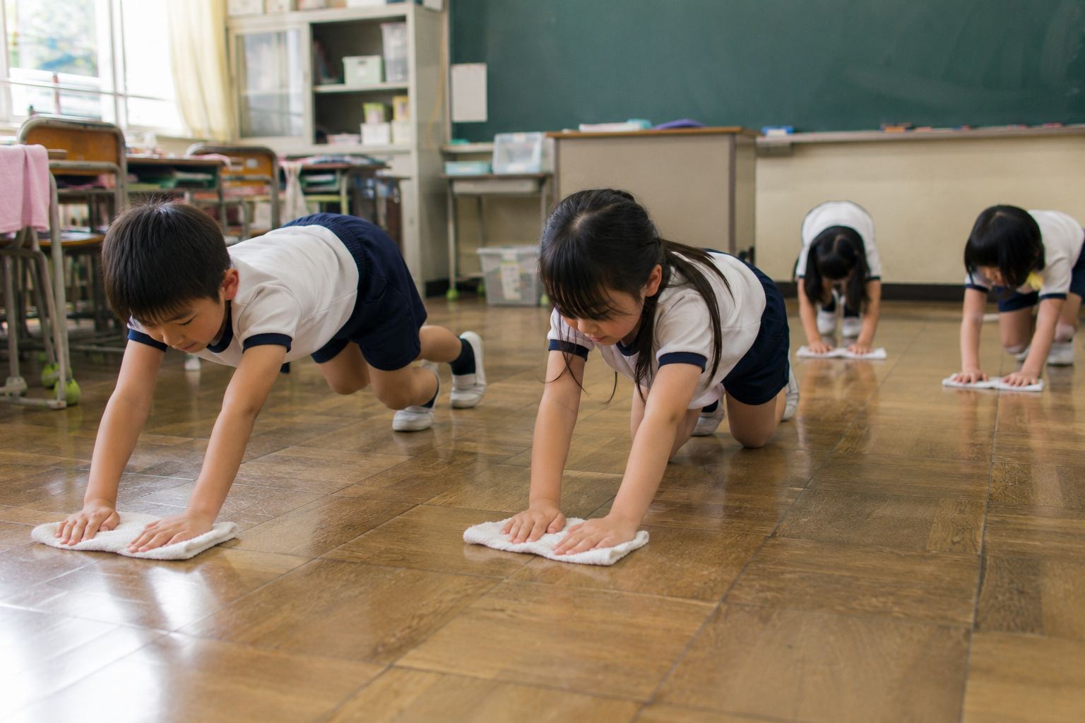 掃除当番 決め方 教室を掃除する小学生たち