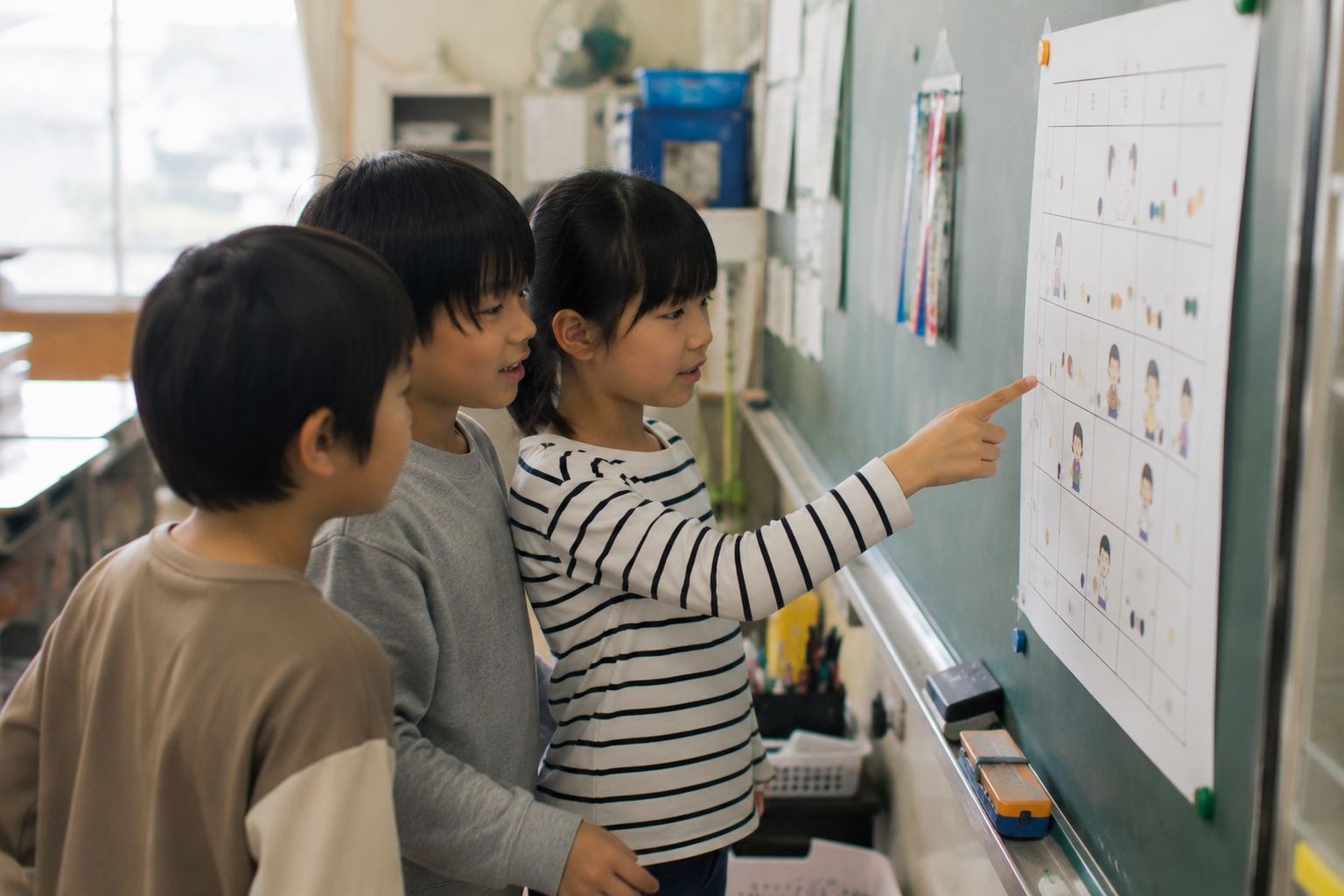 掃除当番 決め方 掃除当番表を確認する子どもたち