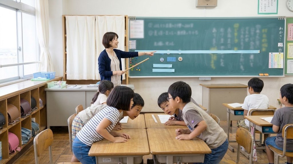 黒板にはった長いテープを指さす先生と、身を乗り出して見る3年生の子どもたち