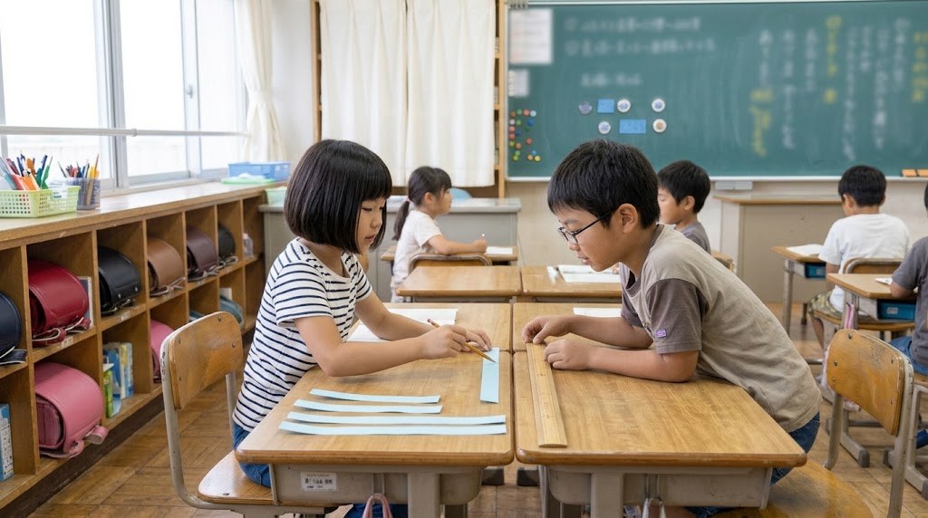 紙テープをつなげてものさしと見くらべながら話し合う3年生