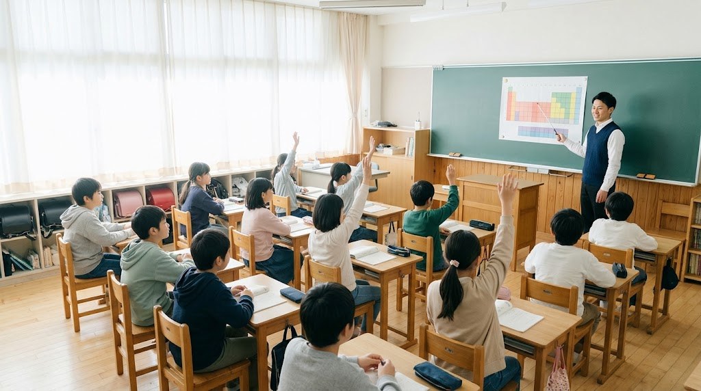 黒板にはった色分けした長方形の図を指す先生と、手を挙げる6年生の子どもたち