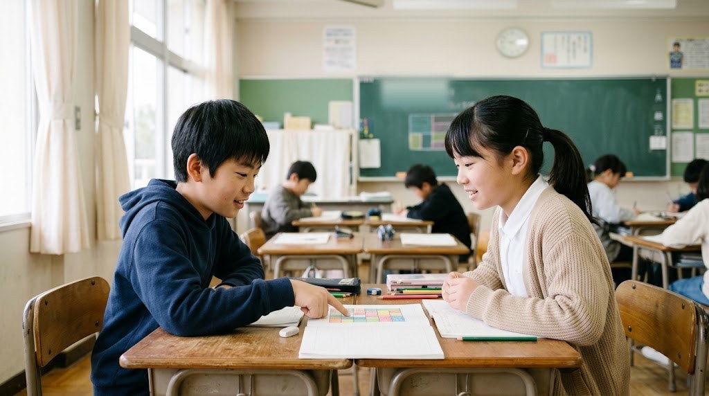 方眼の長方形の図を色分けしたノートを指さしながら話し合う6年生の男の子と女の子