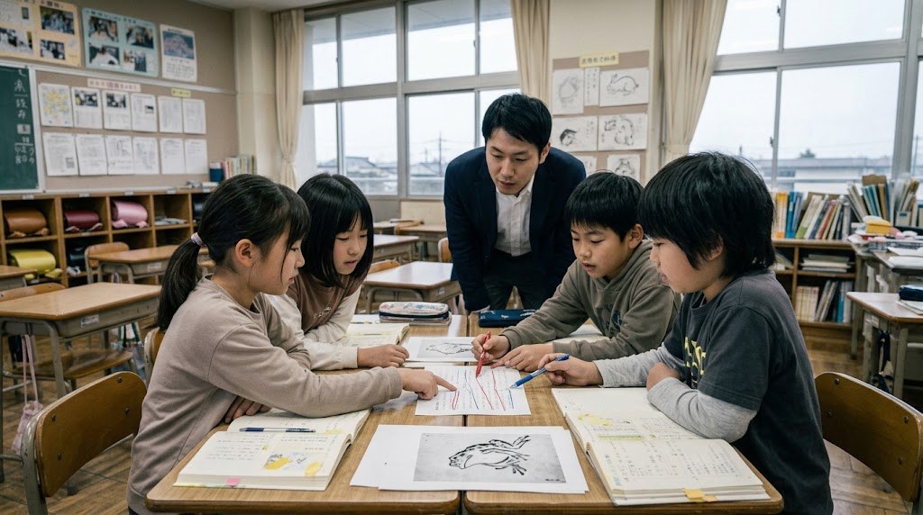 「『鳥獣戯画』を読む」の授業で、絵と赤と青の線を引いたプリントを見ながら話し合う6年生