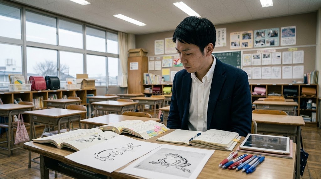 放課後の教室で、動物の墨絵を印刷した紙や赤ペン・青ペンを机に置いて「『鳥獣戯画』を読む」の教材研究をする先生