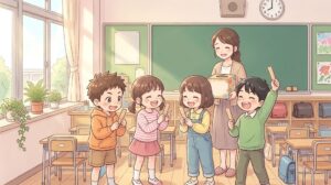 先生が持つ箱からくじを引いて、笑顔で見せ合う子どもたちのイラスト
