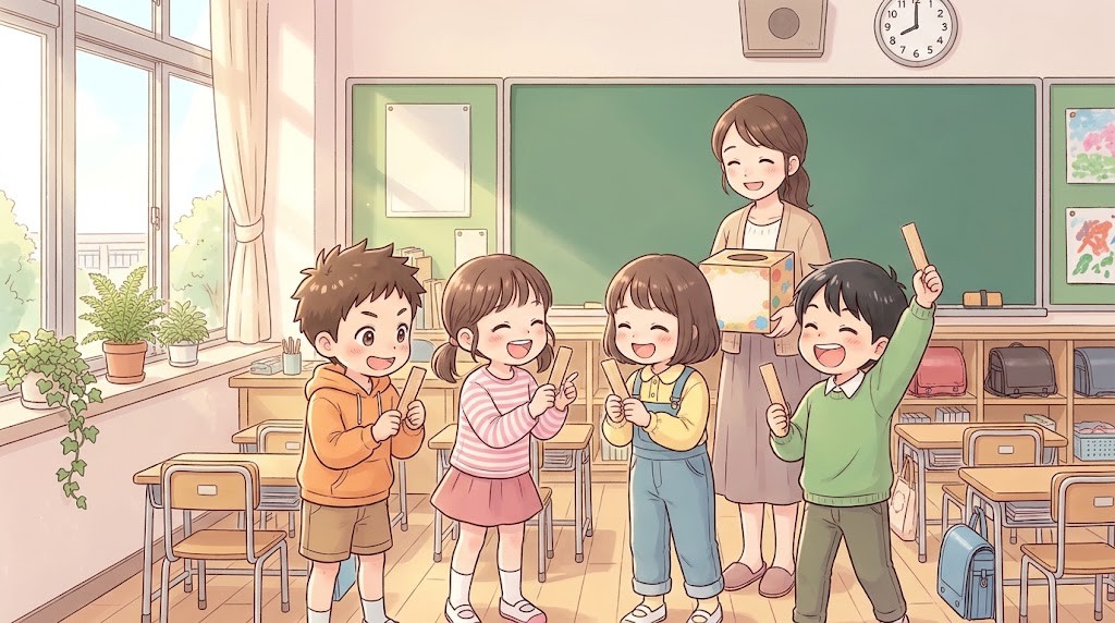 先生が持つ箱からくじを引いて、笑顔で見せ合う子どもたちのイラスト