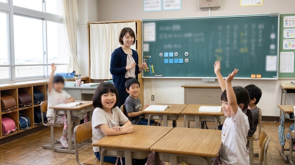 黒板の前の先生と、手をあげて発表しようとする1年生の子どもたち