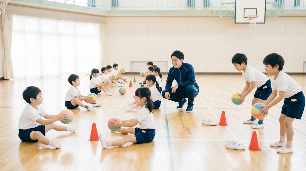 ペアでボールを転がし合う1年生と、しゃがんで声をかける先生