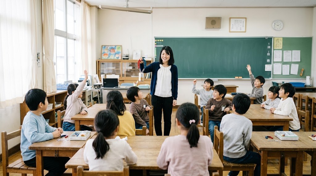 黒板の前に立つ先生と、手を挙げる3年生の子どもたち