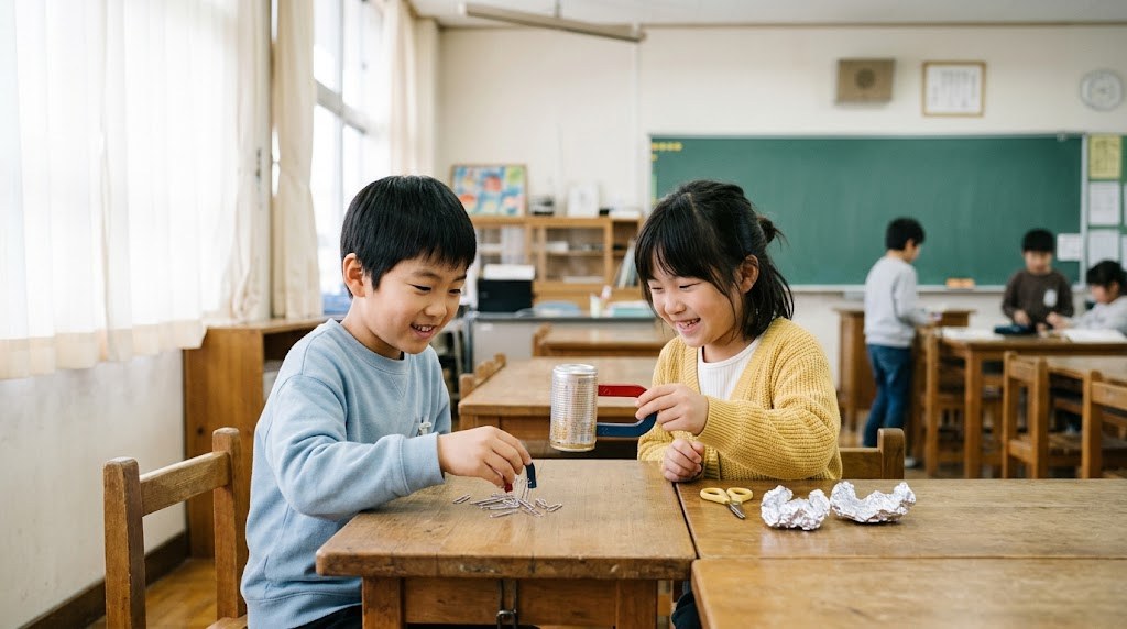 磁石をクリップや空き缶、アルミホイルに近づけて調べる3年生の男の子と女の子