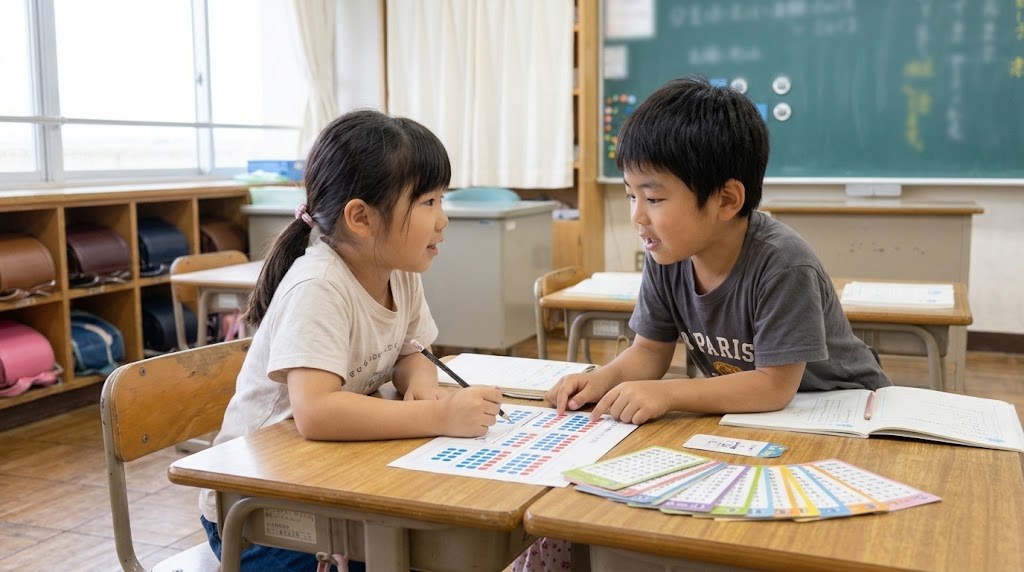 アレイ図のプリントに線を引きながらかけ算の考えを話し合う2年生