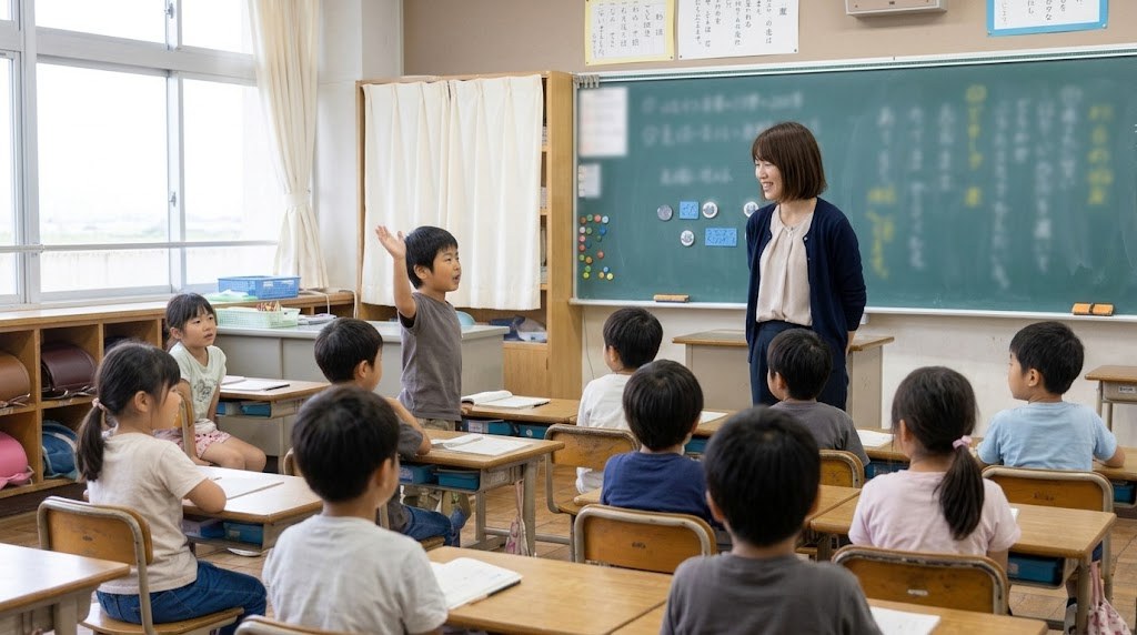 黒板の前で子どもの発表を笑顔で聞く先生と2年生の子どもたち