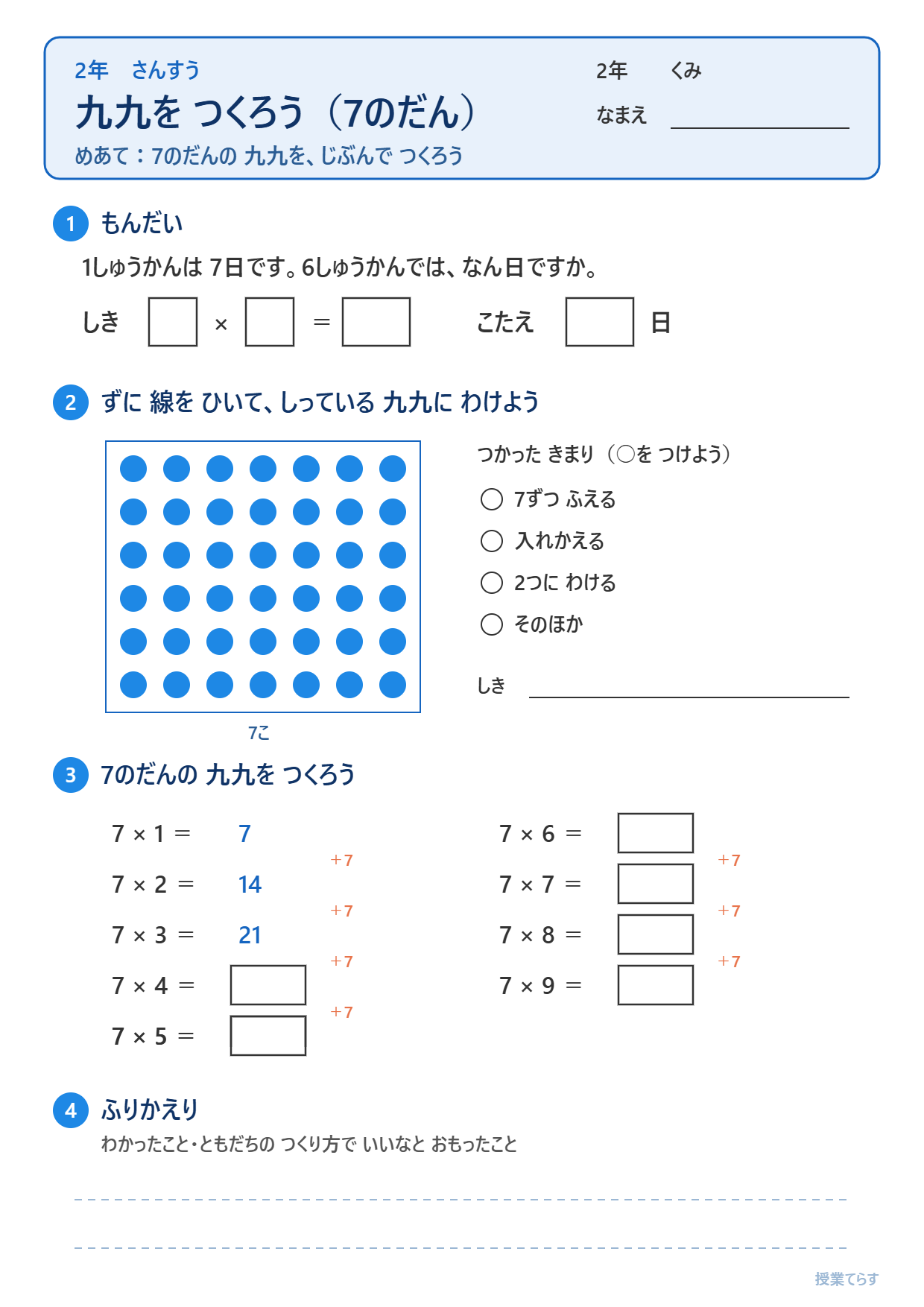 2年かけ算 7の段のワークシート。問題と式、7×6のアレイ図、使ったきまり、7の段の表、ふり返りの欄がある