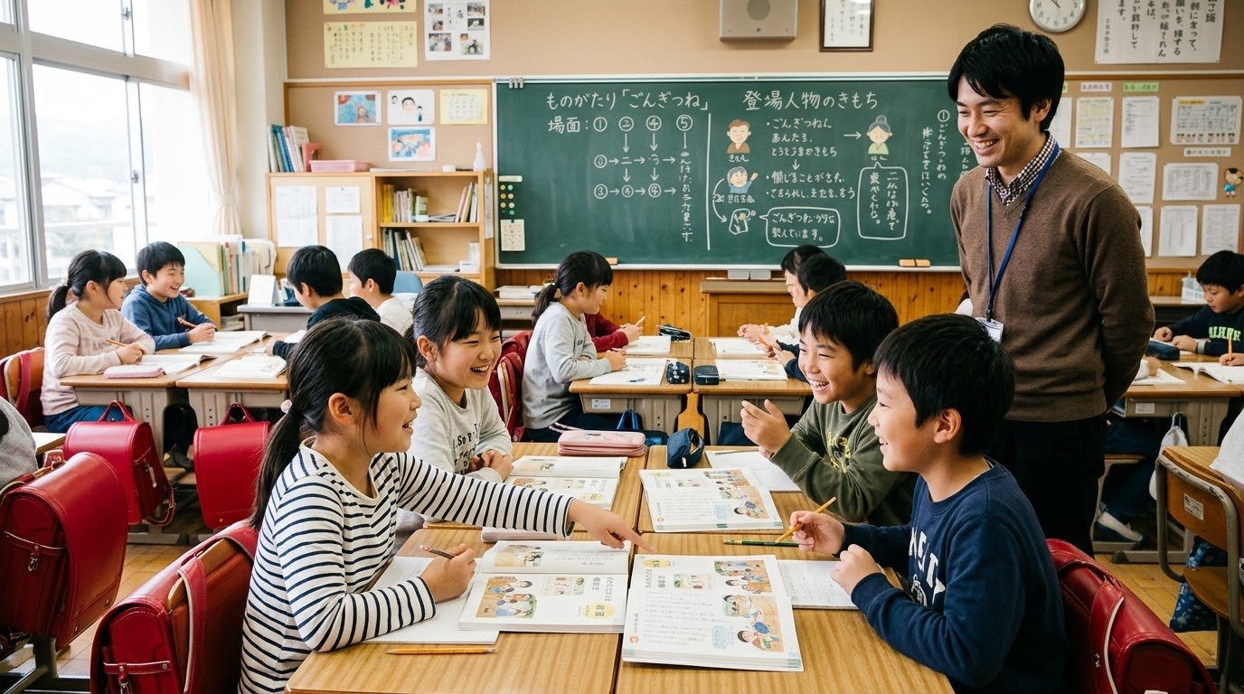 物語の登場人物の気持ちについて、教科書を指さしながら話し合う小学4年生と見守る担任