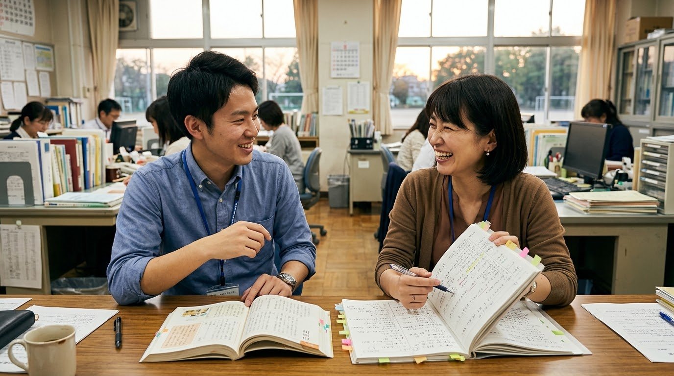 職員室で国語の教科書とノートを見ながら物語の教材について話し合う若手とベテランの教師
