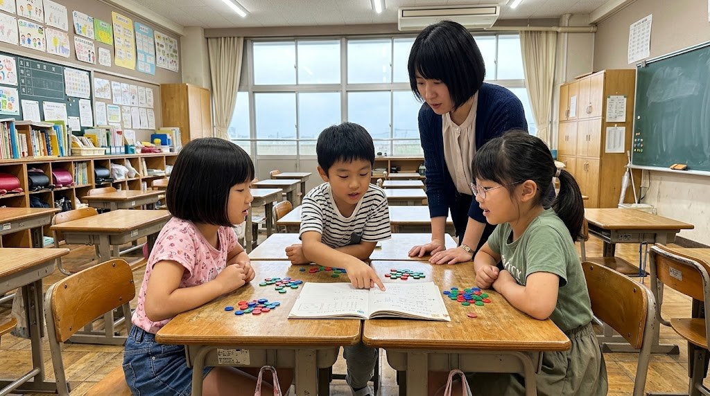 おはじきを使って考えを話し合う3年生の子どもたちと先生