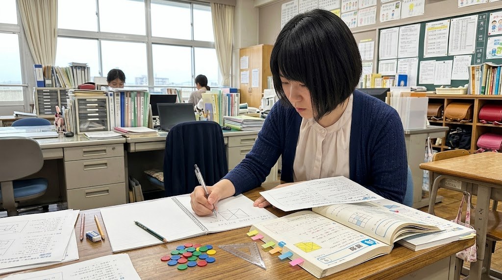 職員室で算数の教科書とおはじきを使って教材研究をする先生