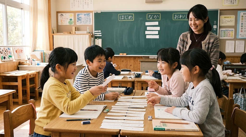 説明文の段落カードを並べ替えながら話し合う小学3年生と見守る担任