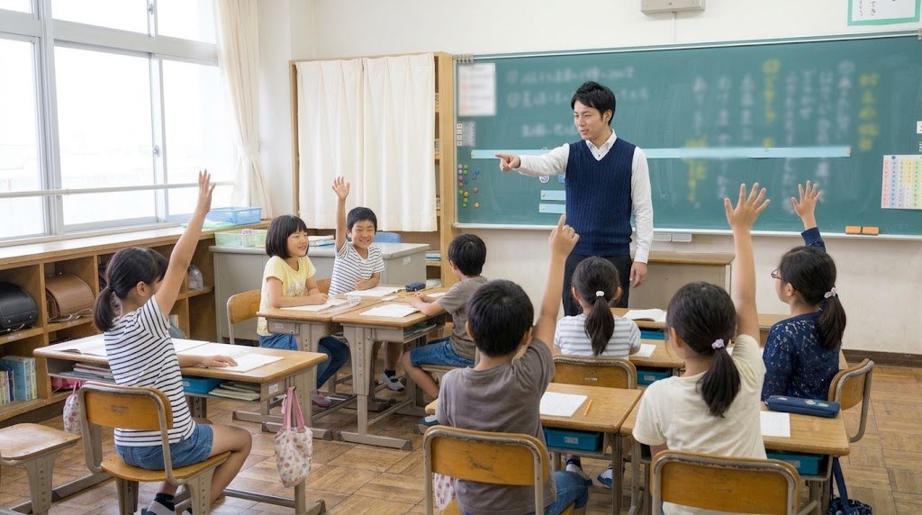 黒板の前で手をあげた子どもを指名する先生と4年生の子どもたち