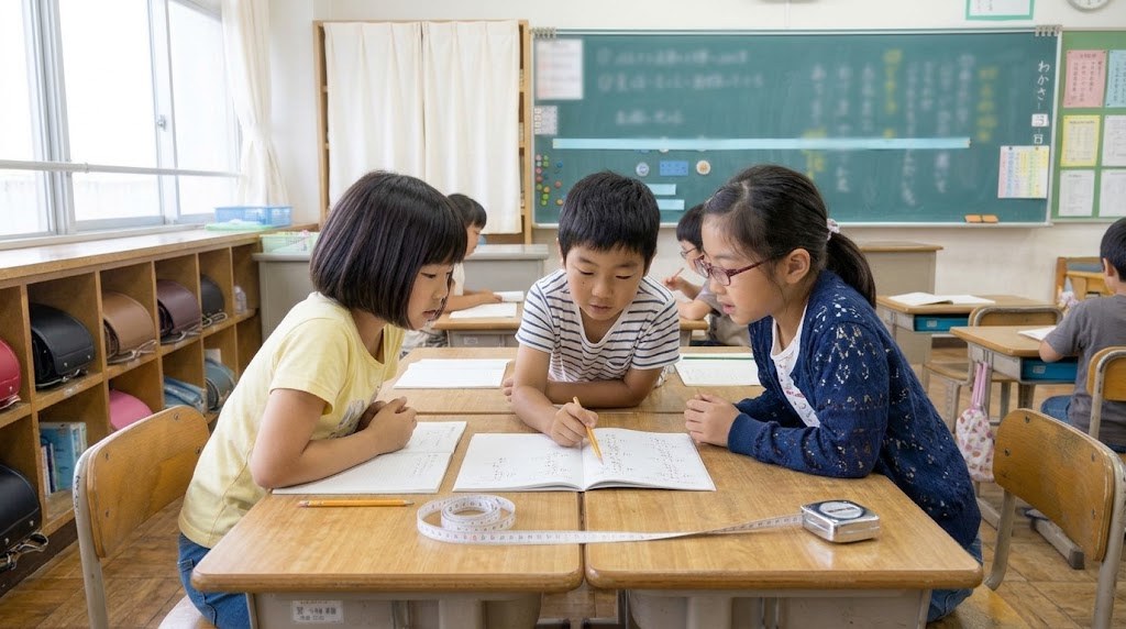 ノートのわり算の筆算を指さしながら話し合う4年生