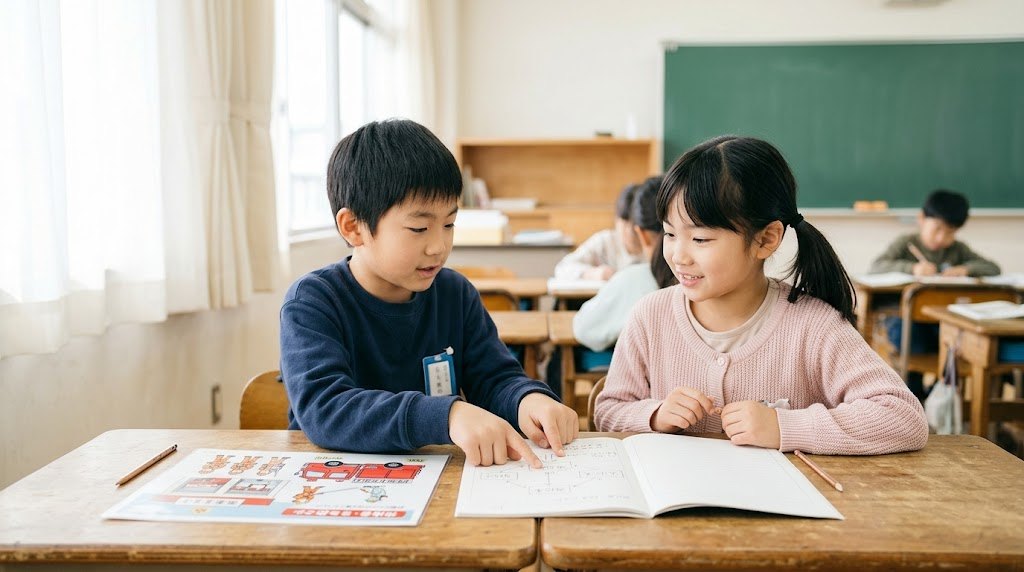 消防の資料を見ながら話し合う3年生の男の子と女の子