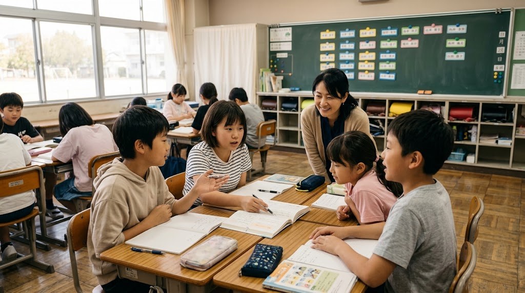 6年生の国語の授業で、机を寄せ合って教科書を指さしながら意見を言い合う子どもたちと、見守る先生
