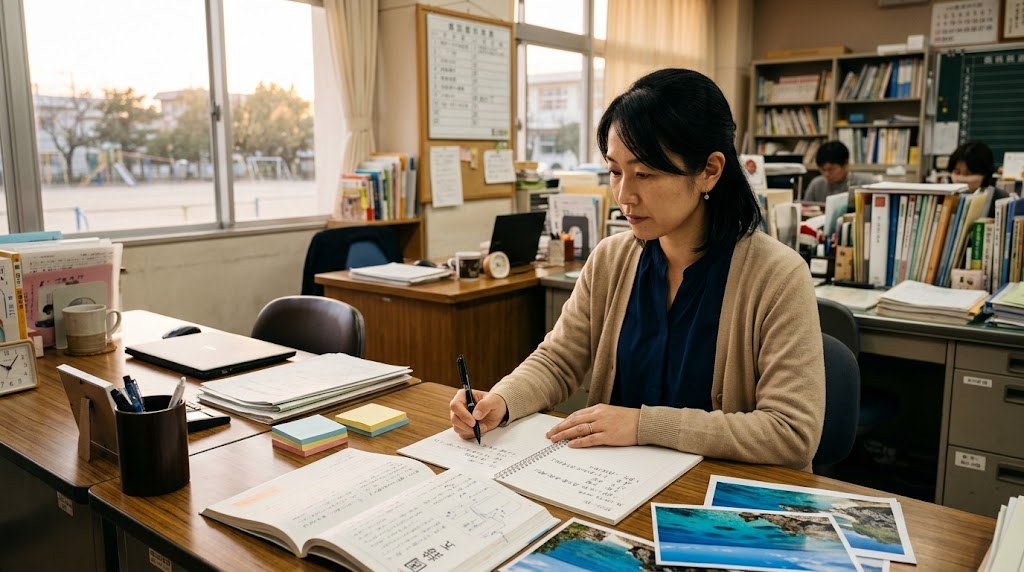 放課後の職員室で、国語の教科書と青い海や岩場の写真を広げ、海の命の授業準備をする先生