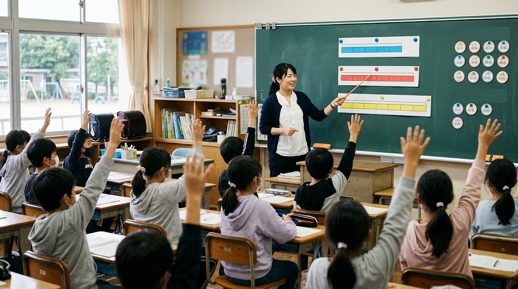 黒板にはった長さのちがう3本のテープ図を指す先生と、手を挙げる5年生の子どもたち