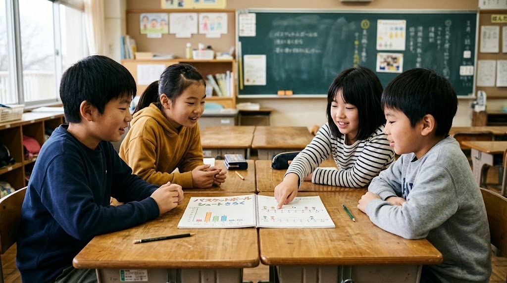 シュートの記録をかいたノートを指さしながら話し合う5年生の子どもたち